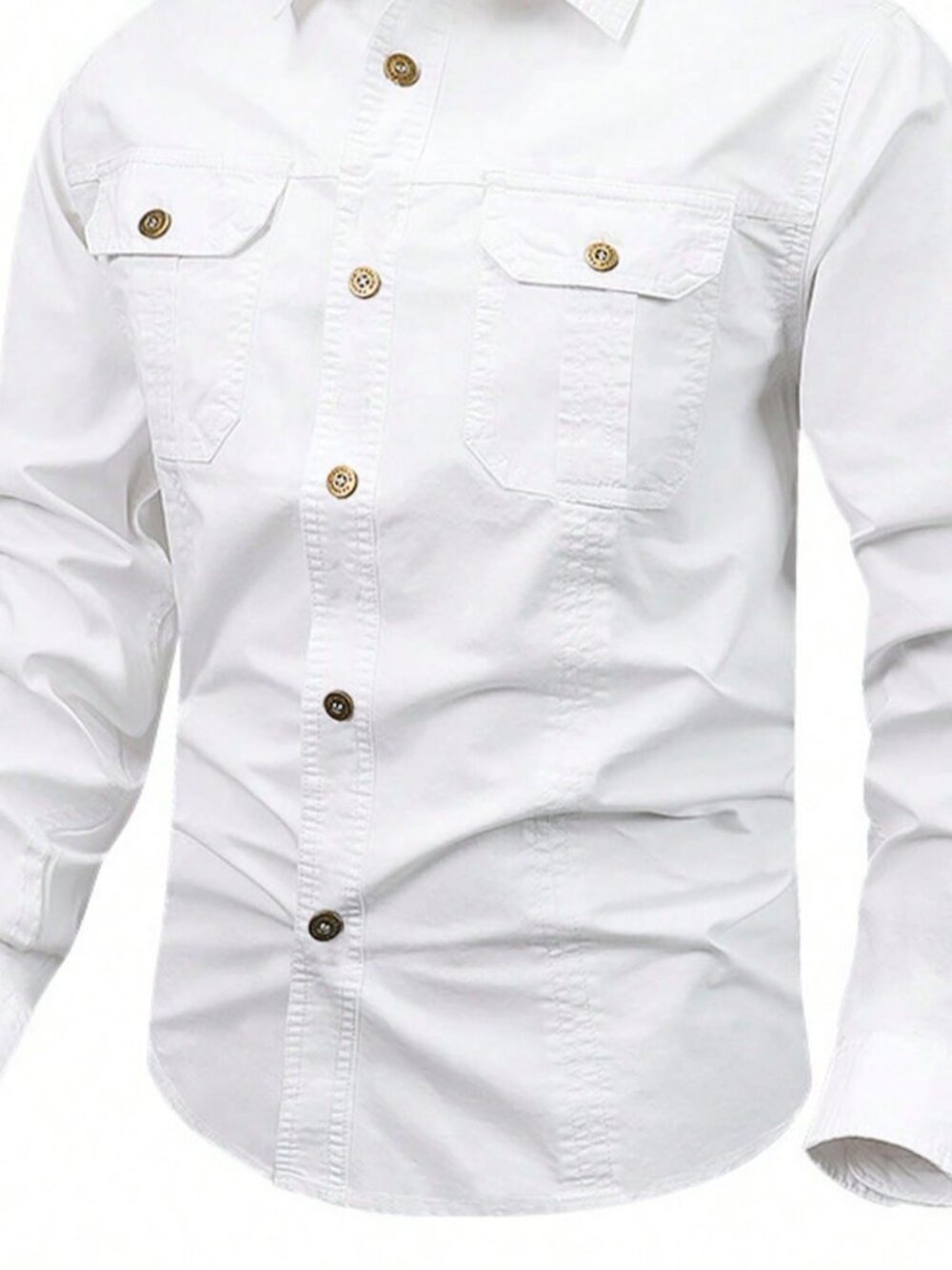 White Military Regular Fit Men's Button Collar Double Pocket Casual Shirt - Picture 3 of 4